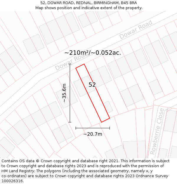 52, DOWAR ROAD, REDNAL, BIRMINGHAM, B45 8RA: Plot and title map