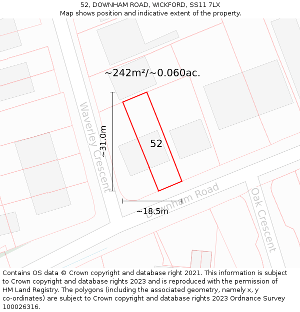 52, DOWNHAM ROAD, WICKFORD, SS11 7LX: Plot and title map