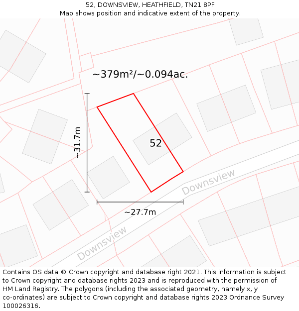 52, DOWNSVIEW, HEATHFIELD, TN21 8PF: Plot and title map