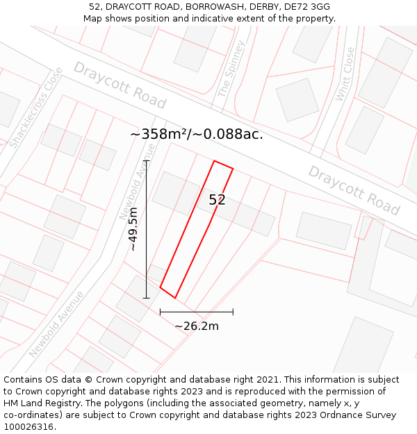 52, DRAYCOTT ROAD, BORROWASH, DERBY, DE72 3GG: Plot and title map