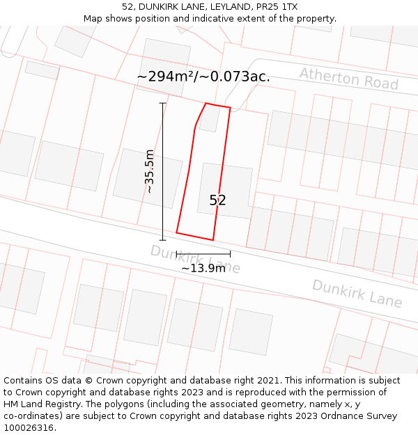 52, DUNKIRK LANE, LEYLAND, PR25 1TX: Plot and title map