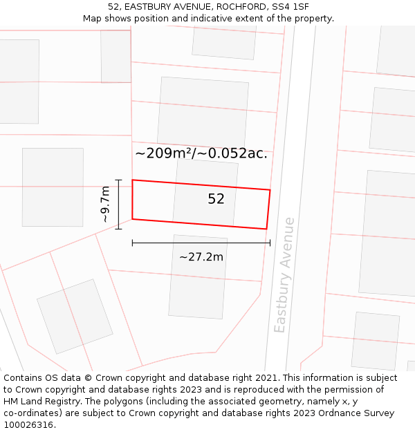 52, EASTBURY AVENUE, ROCHFORD, SS4 1SF: Plot and title map