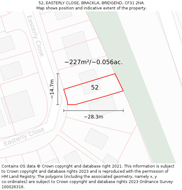 52, EASTERLY CLOSE, BRACKLA, BRIDGEND, CF31 2NA: Plot and title map