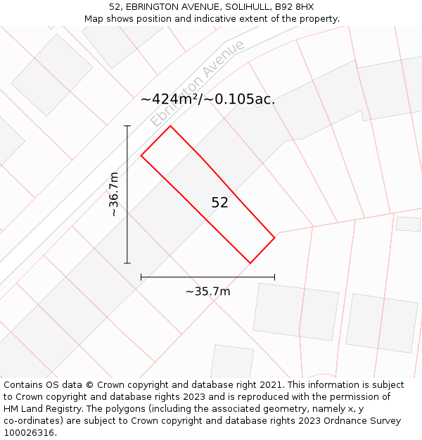 52, EBRINGTON AVENUE, SOLIHULL, B92 8HX: Plot and title map
