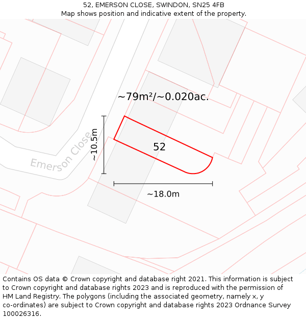 52, EMERSON CLOSE, SWINDON, SN25 4FB: Plot and title map