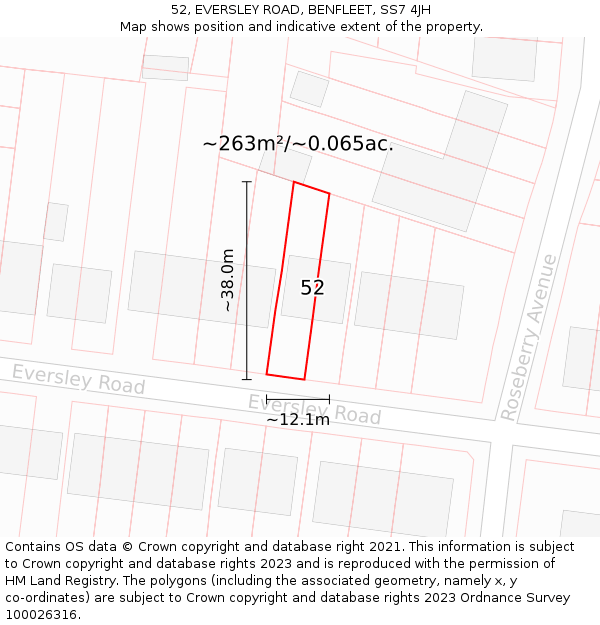 52, EVERSLEY ROAD, BENFLEET, SS7 4JH: Plot and title map