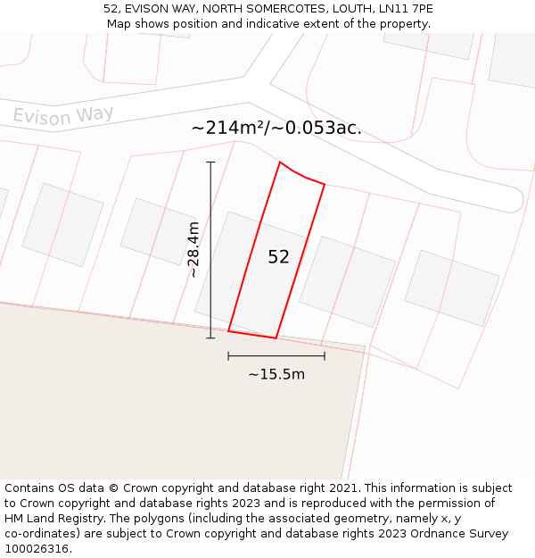 52, EVISON WAY, NORTH SOMERCOTES, LOUTH, LN11 7PE: Plot and title map