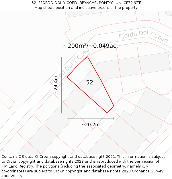 52, FFORDD DOL Y COED, BRYNCAE, PONTYCLUN, CF72 9ZF: Plot and title map