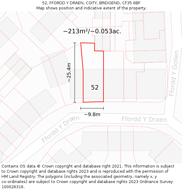 52, FFORDD Y DRAEN, COITY, BRIDGEND, CF35 6BF: Plot and title map