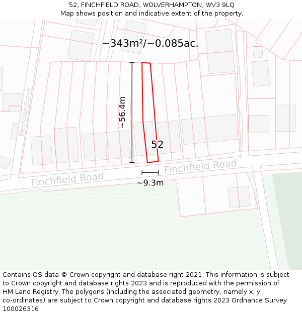 52, FINCHFIELD ROAD, WOLVERHAMPTON, WV3 9LQ: Plot and title map