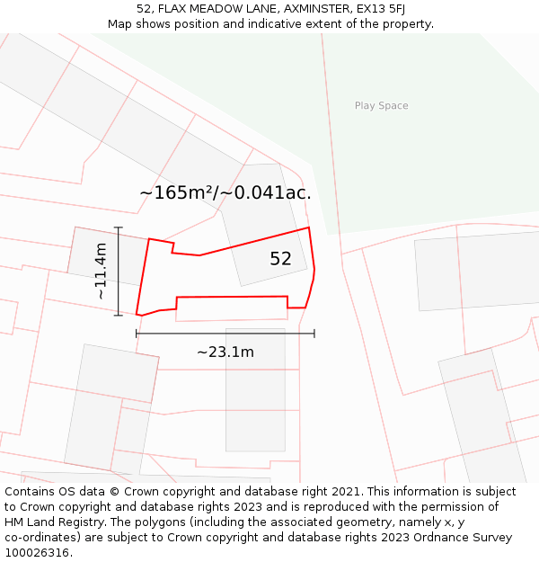 52, FLAX MEADOW LANE, AXMINSTER, EX13 5FJ: Plot and title map