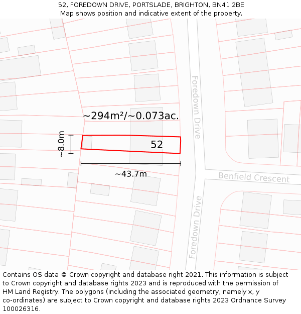 52, FOREDOWN DRIVE, PORTSLADE, BRIGHTON, BN41 2BE: Plot and title map
