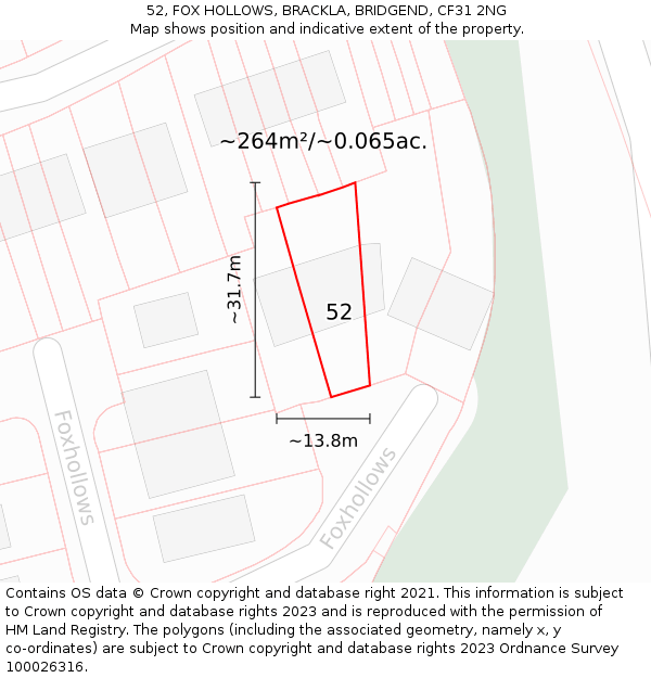 52, FOX HOLLOWS, BRACKLA, BRIDGEND, CF31 2NG: Plot and title map