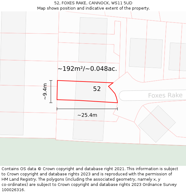52, FOXES RAKE, CANNOCK, WS11 5UD: Plot and title map