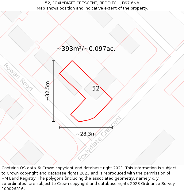 52, FOXLYDIATE CRESCENT, REDDITCH, B97 6NA: Plot and title map