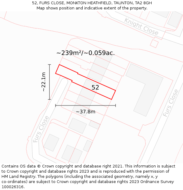 52, FURS CLOSE, MONKTON HEATHFIELD, TAUNTON, TA2 8GH: Plot and title map