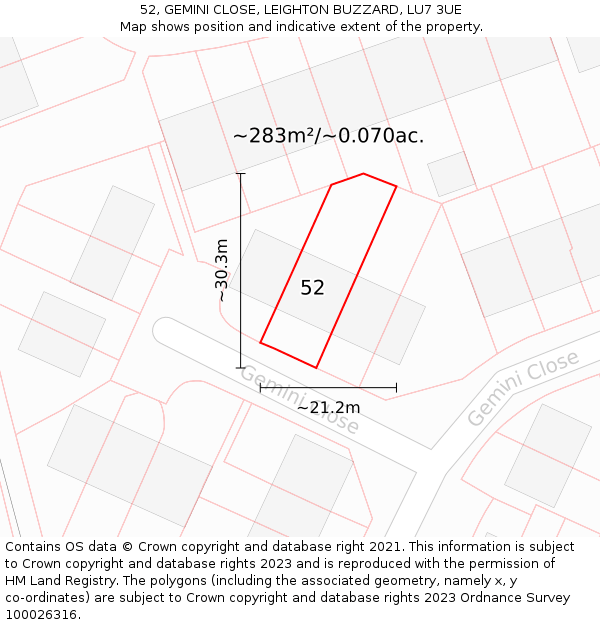 52, GEMINI CLOSE, LEIGHTON BUZZARD, LU7 3UE: Plot and title map