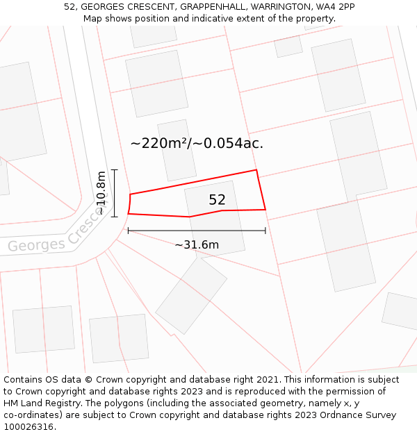 52, GEORGES CRESCENT, GRAPPENHALL, WARRINGTON, WA4 2PP: Plot and title map