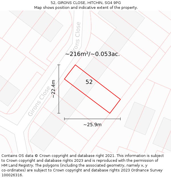 52, GIRONS CLOSE, HITCHIN, SG4 9PG: Plot and title map