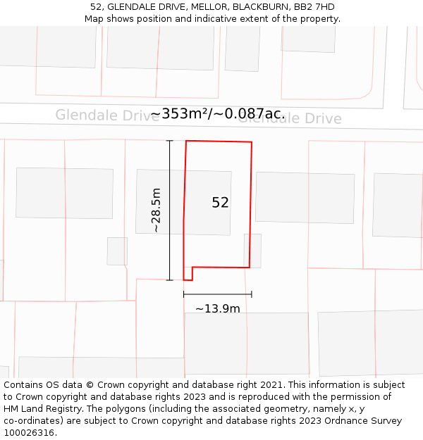 52, GLENDALE DRIVE, MELLOR, BLACKBURN, BB2 7HD: Plot and title map