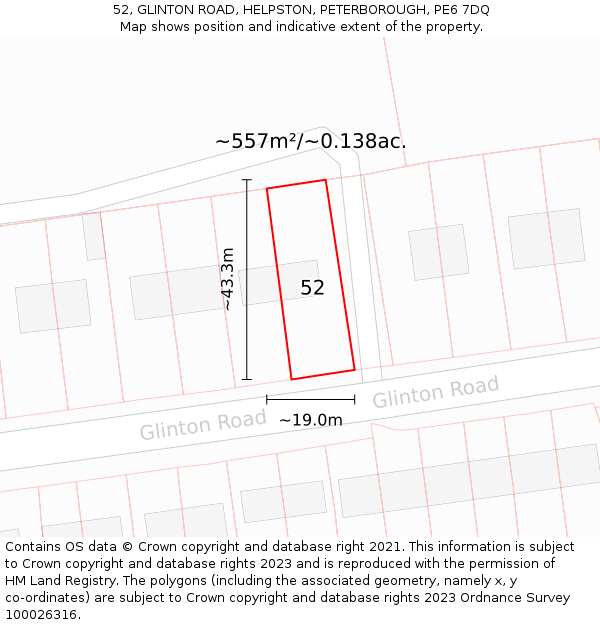 52, GLINTON ROAD, HELPSTON, PETERBOROUGH, PE6 7DQ: Plot and title map