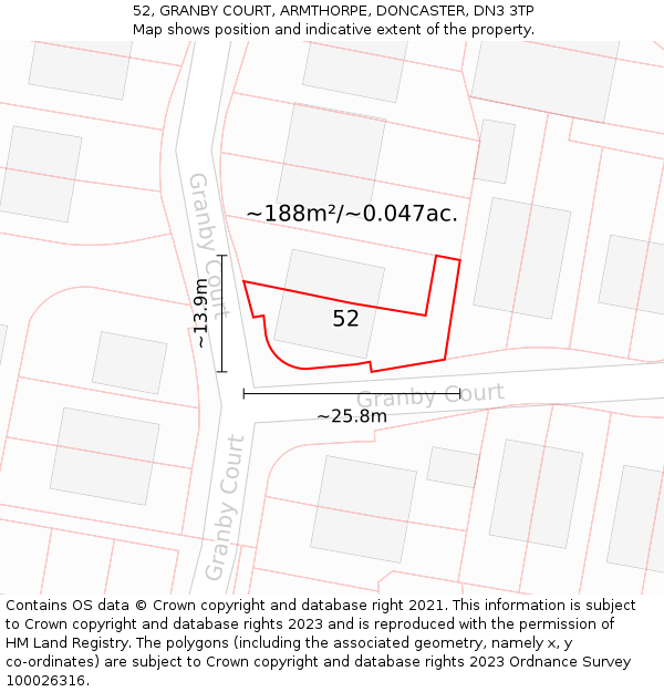 52, GRANBY COURT, ARMTHORPE, DONCASTER, DN3 3TP: Plot and title map