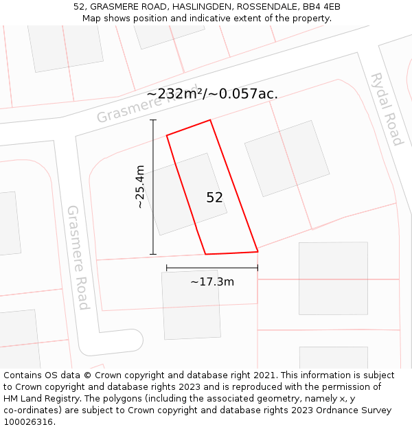 52, GRASMERE ROAD, HASLINGDEN, ROSSENDALE, BB4 4EB: Plot and title map