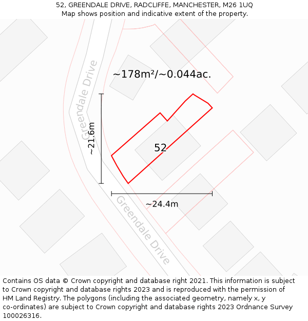52, GREENDALE DRIVE, RADCLIFFE, MANCHESTER, M26 1UQ: Plot and title map