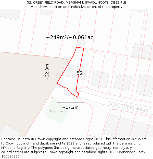 52, GREENFIELD ROAD, MEASHAM, SWADLINCOTE, DE12 7LB: Plot and title map