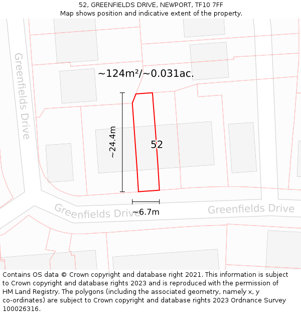 52, GREENFIELDS DRIVE, NEWPORT, TF10 7FF: Plot and title map