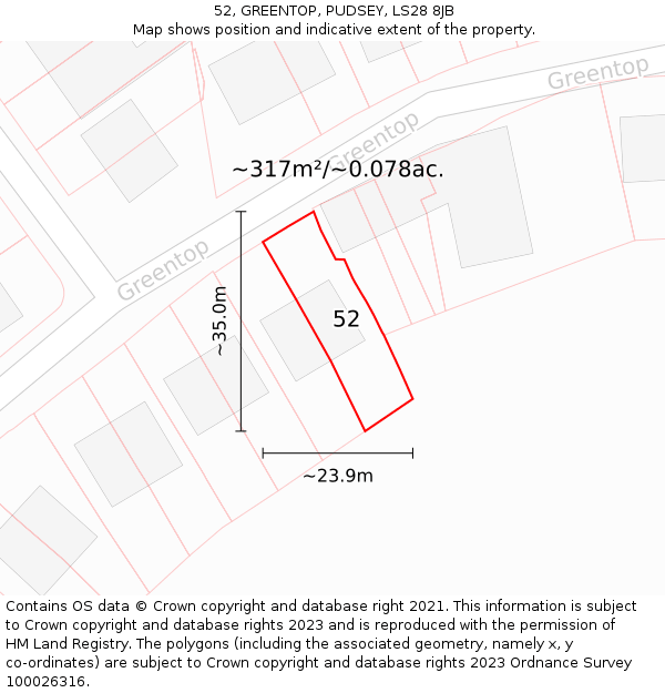 52, GREENTOP, PUDSEY, LS28 8JB: Plot and title map