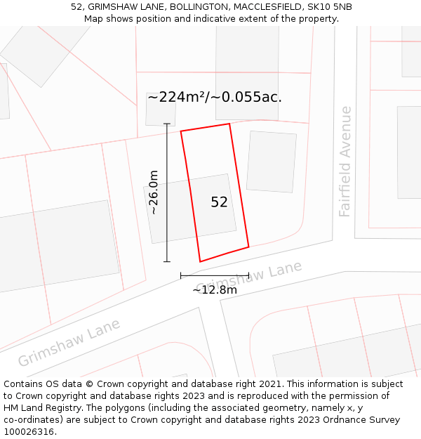 52, GRIMSHAW LANE, BOLLINGTON, MACCLESFIELD, SK10 5NB: Plot and title map