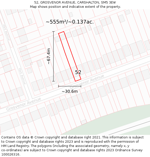 52, GROSVENOR AVENUE, CARSHALTON, SM5 3EW: Plot and title map