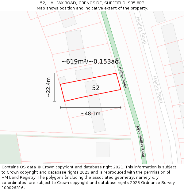 52, HALIFAX ROAD, GRENOSIDE, SHEFFIELD, S35 8PB: Plot and title map