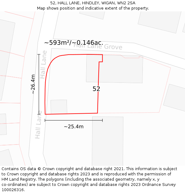 52, HALL LANE, HINDLEY, WIGAN, WN2 2SA: Plot and title map