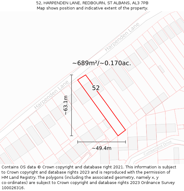 52, HARPENDEN LANE, REDBOURN, ST ALBANS, AL3 7PB: Plot and title map