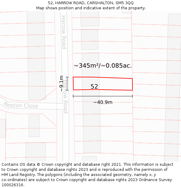 52, HARROW ROAD, CARSHALTON, SM5 3QQ: Plot and title map