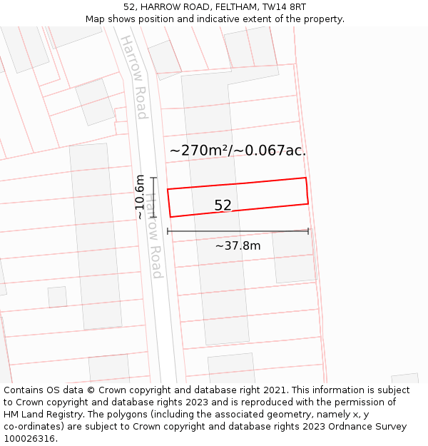 52, HARROW ROAD, FELTHAM, TW14 8RT: Plot and title map