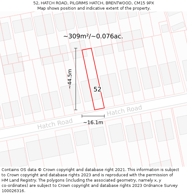 52, HATCH ROAD, PILGRIMS HATCH, BRENTWOOD, CM15 9PX: Plot and title map