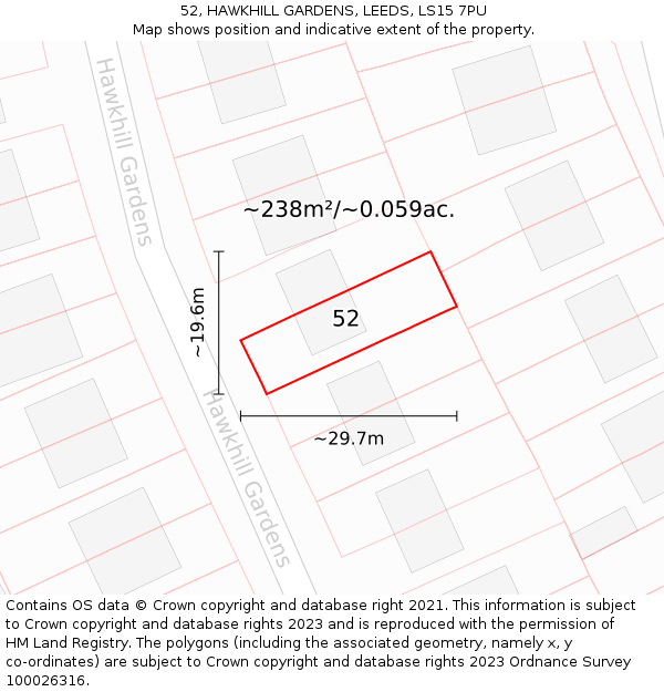 52, HAWKHILL GARDENS, LEEDS, LS15 7PU: Plot and title map