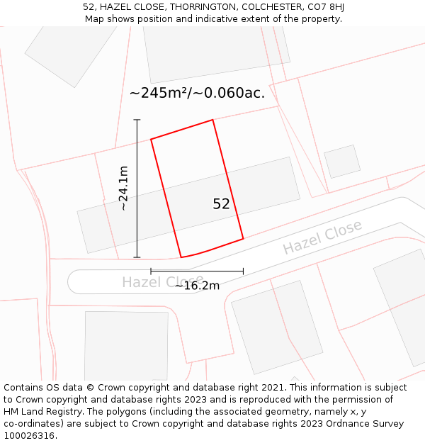 52, HAZEL CLOSE, THORRINGTON, COLCHESTER, CO7 8HJ: Plot and title map