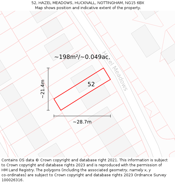 52, HAZEL MEADOWS, HUCKNALL, NOTTINGHAM, NG15 6BX: Plot and title map