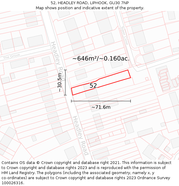 52, HEADLEY ROAD, LIPHOOK, GU30 7NP: Plot and title map