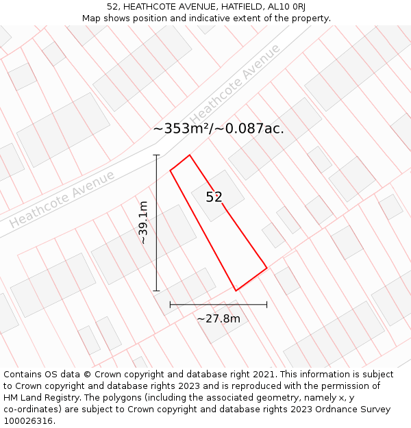 52, HEATHCOTE AVENUE, HATFIELD, AL10 0RJ: Plot and title map