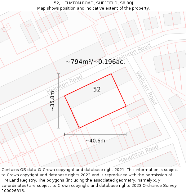 52, HELMTON ROAD, SHEFFIELD, S8 8QJ: Plot and title map