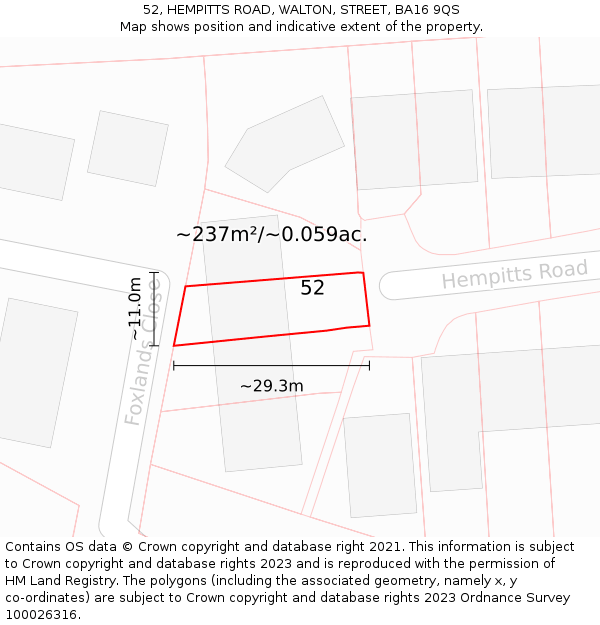 52, HEMPITTS ROAD, WALTON, STREET, BA16 9QS: Plot and title map