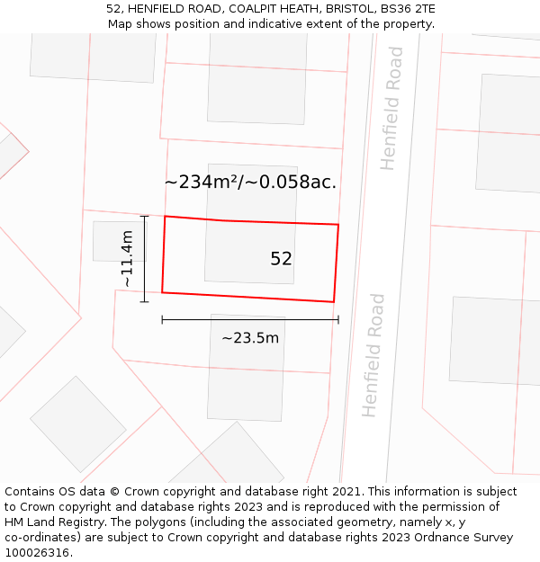 52, HENFIELD ROAD, COALPIT HEATH, BRISTOL, BS36 2TE: Plot and title map