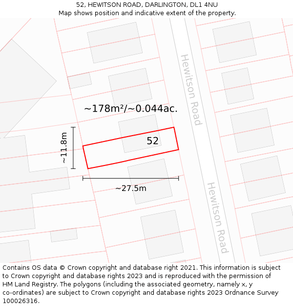 52, HEWITSON ROAD, DARLINGTON, DL1 4NU: Plot and title map