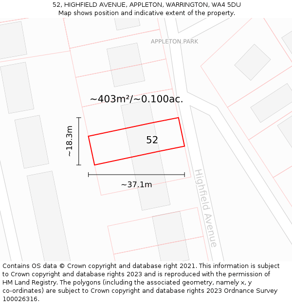 52, HIGHFIELD AVENUE, APPLETON, WARRINGTON, WA4 5DU: Plot and title map