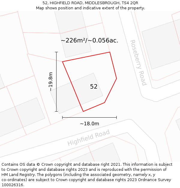 52, HIGHFIELD ROAD, MIDDLESBROUGH, TS4 2QR: Plot and title map